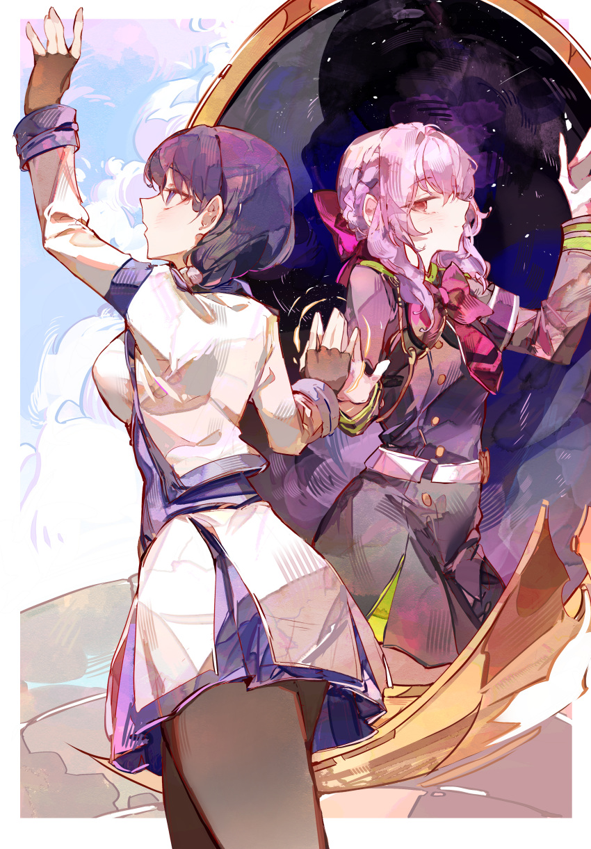 2girls absurdres belt black_gloves black_pantyhose blue_dress blue_hair bow breasts buttons cocoballking commentary_request commission crossover day dress fingerless_gloves gloves hai_to_gensou_no_grimgar hair_bow highres hiiragi_shinoa jacket knee_up long_hair long_sleeves looking_at_another merry_(grimgar) military_uniform mirror multicolored_clothes multicolored_skirt multiple_girls night open_mouth owari_no_seraph pantyhose pixiv_commission purple_bow purple_hair reaching red_eyes ripples sidelocks skirt smile uniform white_belt white_jacket white_skirt