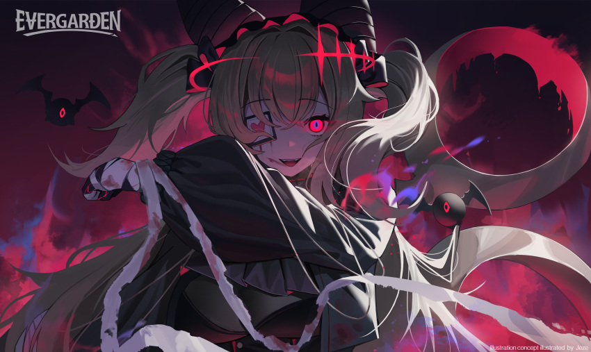 1girl absurdres bandaged_arm bandages black_dress blonde_hair blood blood_on_face breasts dress eyepatch highres jeze large_breasts lolita_fashion long_hair long_sleeves looking_at_viewer monster open_mouth original red_eyes smile solo teeth tongue twintails upper_body upper_teeth_only