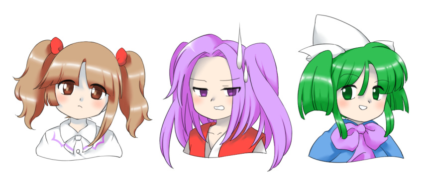 3girls :d alternate_hairstyle bow bowtie brown_eyes brown_hair closed_mouth eyes_visible_through_hair frown green_eyes green_hair hat long_hair meira_(touhou) mima_(touhou) multiple_girls nonamejd official_style parted_bangs purple_bow purple_bowtie purple_hair rika_(touhou) simple_background smile sweatdrop touhou touhou_(pc-98) twintails upper_body violet_eyes white_background white_headwear wizard_hat zun_(style)
