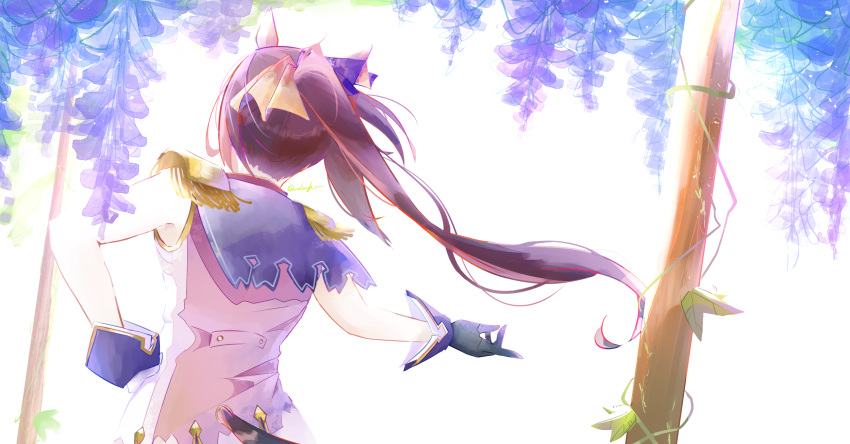 1girl animal_ears asymmetrical_gloves black_gloves brown_hair epaulettes floating_hair flower from_behind gloves hand_on_own_hip highres horse_ears jacket long_hair mamare mismatched_gloves outstretched_arm pink_jacket ponytail sakura_bakushin_o_(umamusume) solo standing tail tail_through_clothes umamusume upper_body white_gloves wind wisteria
