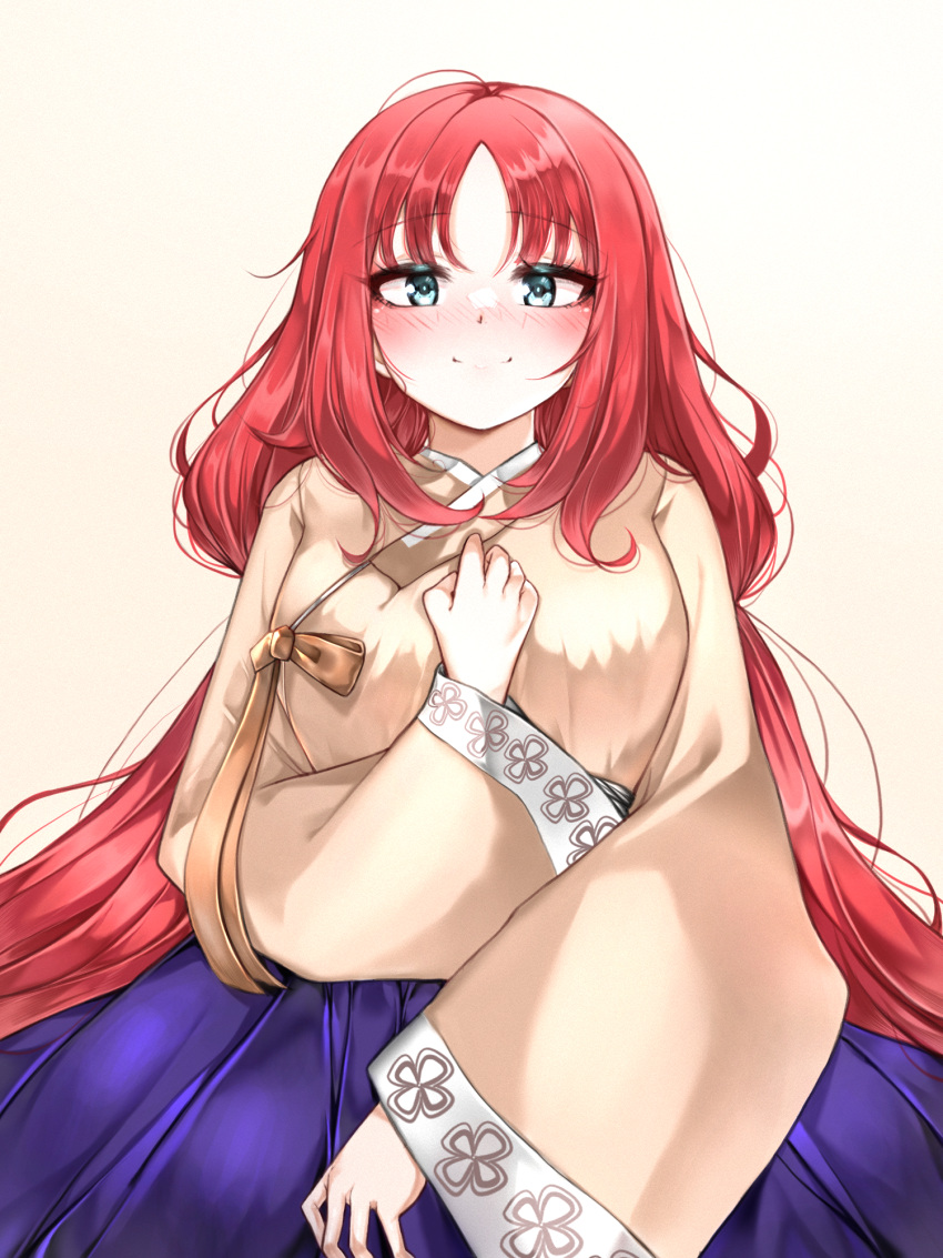 1girl alternate_costume ao_tanuki blue_eyes blue_skirt blush bow breasts brown_bow brown_hanbok genshin_impact hanbok hand_on_own_chest highres korean_clothes large_breasts long_hair looking_at_viewer low_twintails nilou_(genshin_impact) parted_bangs redhead skirt smile solo straight-on twintails very_long_hair