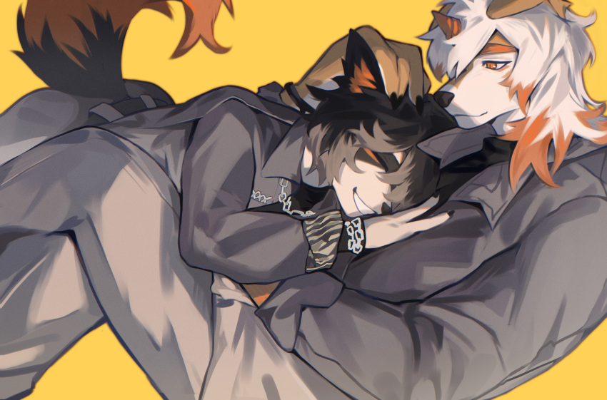 2boys aak_(arknights) absurdres arknights axianorange belt black_belt chinese_commentary claws closed_eyes colored_tips commentary_request furry furry_male grey_jacket grey_pants hand_on_another's_chest hand_on_another's_head highres hung_(arknights) jacket komainu_boy komainu_ears komainu_tail looking_at_another lying lying_on_person male_focus multicolored_hair multiple_boys orange_eyes pants smile yellow_background