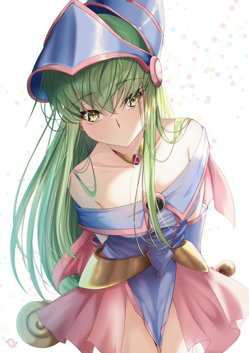 1girl absurdres arms_behind_back bare_shoulders blue_dress blue_headwear budgiepon c.c. closed_mouth code_geass collarbone commentary_request cosplay cowboy_shot crossed_bangs dark_magician_girl dark_magician_girl_(cosplay) dress expressionless green_hair hair_between_eyes hair_over_shoulder highres leaning_forward light_blush long_hair looking_at_viewer sidelocks simple_background solo star_(symbol) straight_hair very_long_hair white_background yellow_eyes yu-gi-oh!