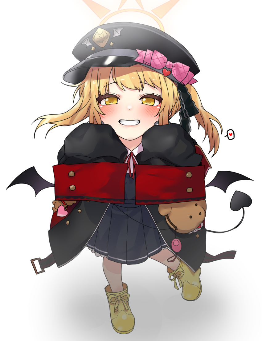 1girl black_coat black_dress black_headwear black_tail black_wings blonde_hair blue_archive blush boots coat demon_tail demon_wings dress grin halo hat heart highres ibuki_(blue_archive) long_hair looking_at_viewer oddman1234 peaked_cap pleated_dress side_ponytail simple_background sleeves_past_fingers sleeves_past_wrists smile solo spoken_heart tail white_background wings yellow_eyes yellow_footwear yellow_halo
