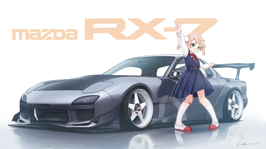 1girl :d bandaid bandaid_on_knee bandaid_on_leg blue_dress blush bow bowtie car dress green_eyes hair_ornament highres index_finger_raised indie_virtual_youtuber kneehighs light_brown_hair long_sleeves looking_at_viewer mazda_rx-7 mazda_rx-7_fd motor_vehicle open_mouth pinafore_dress pointing pointing_up pom_pom_(clothes) pom_pom_hair_ornament red_bow red_bowtie reflection shigure_ui_(vtuber) shigure_ui_(vtuber)_(young) shirt short_hair short_twintails shukusei!!_loli-gami_requiem signature simana simple_background sleeveless sleeveless_dress smile socks solo spoiler_(automobile) sports_car stance_(vehicle) twintails vehicle_focus vehicle_name virtual_youtuber white_shirt white_socks