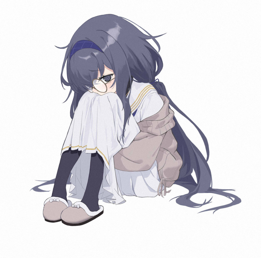 1girl black_eyes black_hair black_pantyhose blue_archive blue_hairband brown_jacket full_body glasses hair_over_one_eye hairband head_on_knees highres hugging_own_legs invisible_chair jacket knees_up long_hair long_skirt long_sleeves looking_at_viewer off-shoulder_jacket off_shoulder pantyhose pleated_skirt ringed_eyes sailor_collar shirt shou_xun_bu_liang simple_background single_sidelock sitting skirt slippers solo ui_(blue_archive) white_background white_sailor_collar white_shirt white_skirt