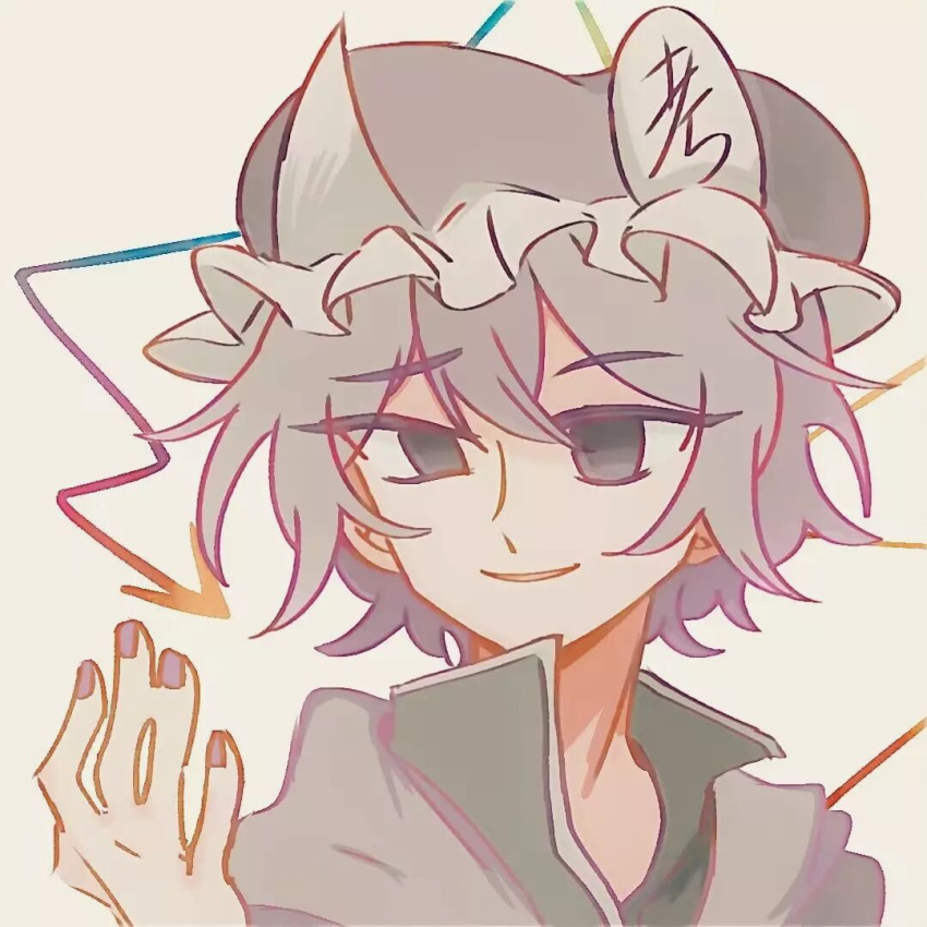 1other androgynous black_eyes black_headwear black_shirt chinese_commentary commentary_request frilled_hat frills gun4321 hand_up hat jacket len'en open_mouth other_focus pastel_colors purple_hair purple_jacket purple_nails shirt shitodo_kuroji short_hair smile solo