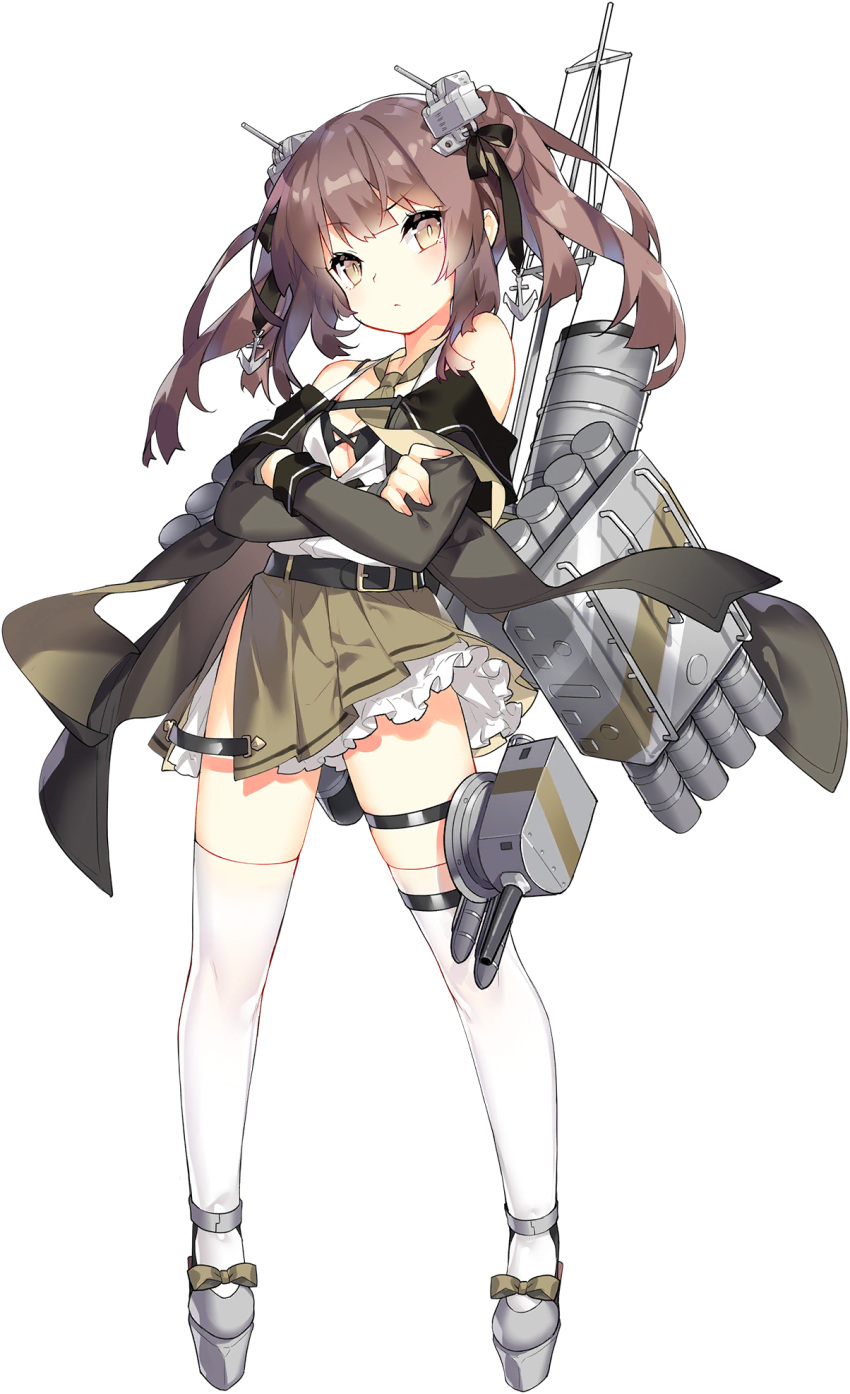 1girl anchor_ornament artist_request black_surge_night brown_eyes brown_hair closed_mouth crossed_arms full_body green_skirt green_sleeves highres kitakami_(black_surge_night) long_hair long_sleeves machinery off_shoulder official_art rigging shirt sidelocks skirt smokestack solo thigh-highs thigh_strap third-party_source torpedo_launcher transparent_background turret twintails white_shirt white_thighhighs