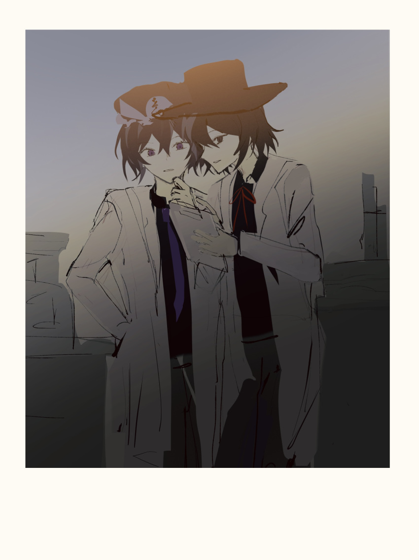 2others androgynous black_eyes black_hair black_headwear black_shirt chinese_commentary clipboard collared_shirt commentary_request enraku_tsubakura grey_pants hair_between_eyes hand_in_pocket hat highres holding holding_clipboard lab_coat len'en long_sleeves multiple_others neck necktie open_clothes other_focus pants purple_necktie red_ribbon ribbon shirt shitodo_kuroji short_hair sketch violet_eyes zhou_yu_chu_xie