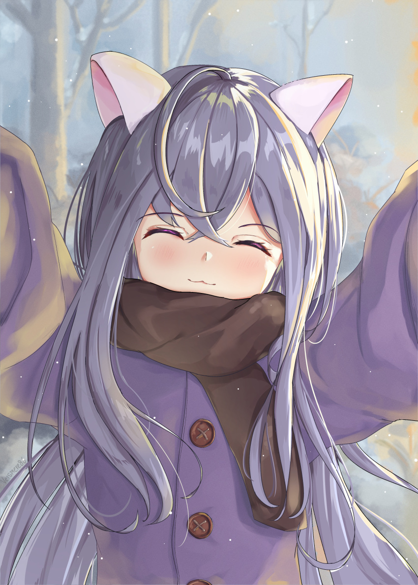 1girl :3 absurdres animal_ears blurry blurry_background brown_dust_2 brown_scarf cat_ears closed_eyes coat eyebrows_hidden_by_hair flat_chest grey_hair hair_between_eyes highres light_blush long_bangs long_hair meme out_of_frame pov_cheek_warming_(meme) purple_coat rou_(brown_dust) scarf smile snowing solo_focus tree upper_body veismere86 very_long_hair winter_clothes