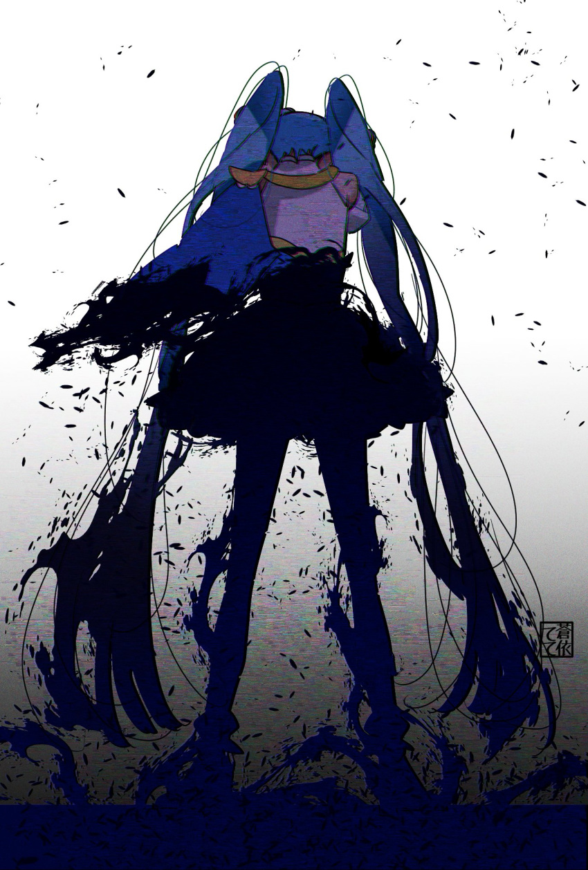 1girl aoi_tete bare_shoulders blue_cape blue_hair blue_theme bubble_skirt cape commentary_request cure_sky detached_sleeves dissolving facing_down full_body glitch highres hirogaru_sky!_precure legs_apart logo long_hair miniskirt precure shoes side_cape silhouette simple_background skirt solo sora_harewataru standing transformation twintails very_long_hair white_background