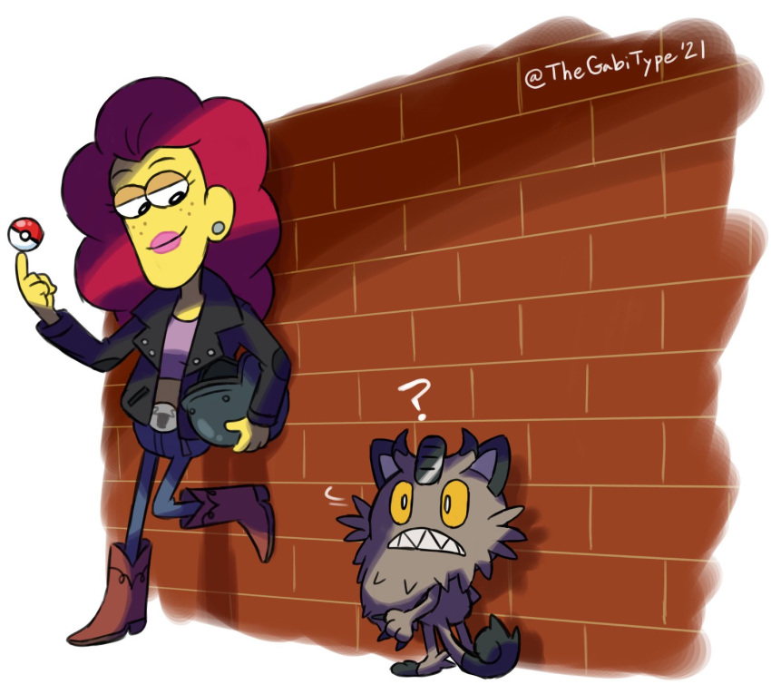 1girl ? belt big_city_greens biker_clothes boots brick_wall city claws cowboy_boots crop_top denim earrings freckles grey_fur helmet highres holding holding_poke_ball horns jeans jewelry motorcycle_helmet nancy pants pink_lips poke_ball redhead whiskers