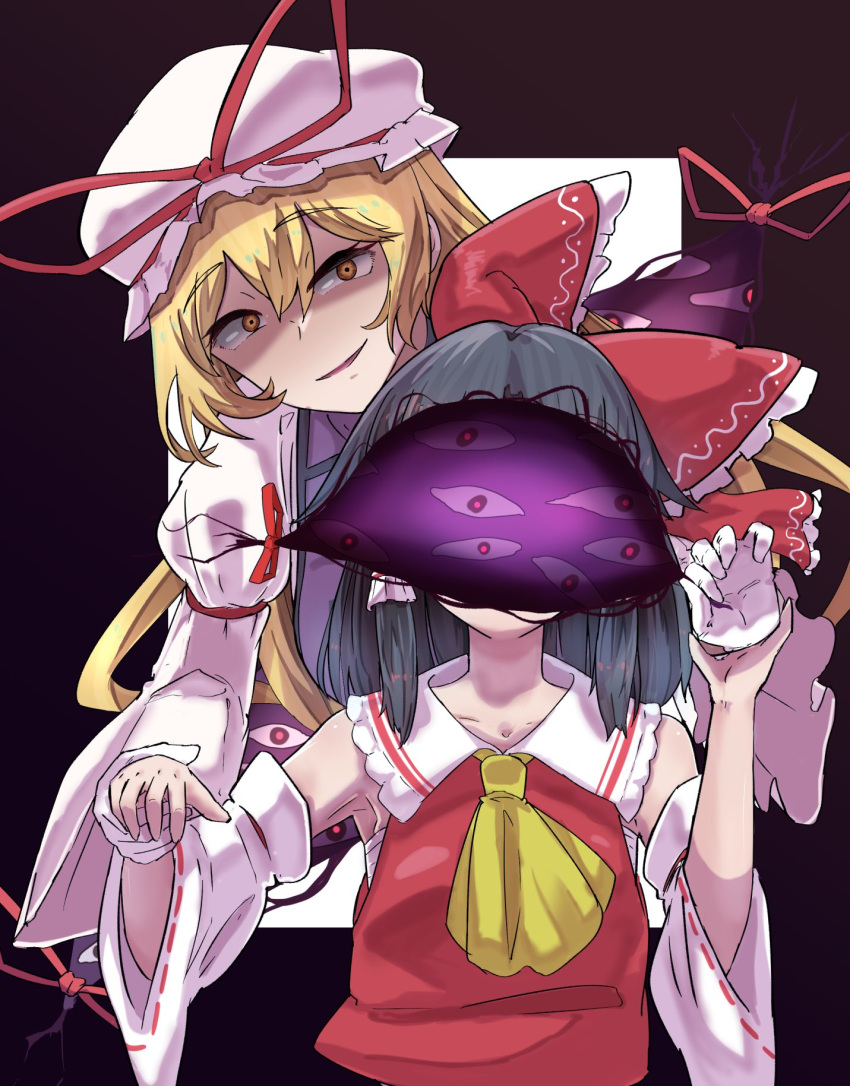 2girls ascot black_background blonde_hair bow breasts brown_eyes collared_shirt dress elbow_gloves frilled_bow frilled_hair_tubes frilled_shirt_collar frills gap_(touhou) gloves hair_tubes hakurei_reimu hat hat_bow hat_ribbon highres holding_another's_wrist juliet_sleeves long_hair long_sleeves mob_cap multiple_girls open_mouth puffy_sleeves purple_tabard red_ribbon red_shirt ribbon shirt sidelocks sleeveless sleeveless_shirt small_breasts sweatdrop tabard touhou very_long_hair white_dress white_gloves white_headwear white_sleeves wide_sleeves yakumo_yukari yellow_ascot yellow_ribbon yet_you