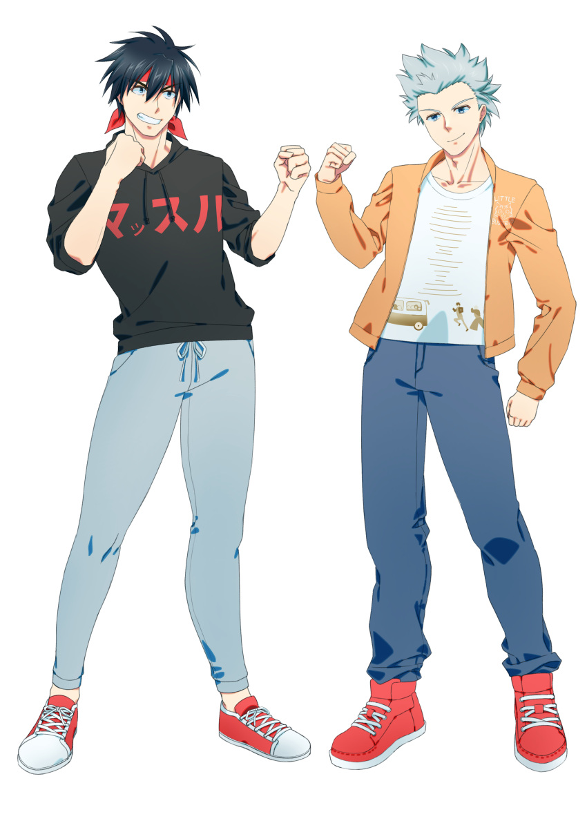 2boys absurdres alternate_costume animal_print black_hair black_hoodie blue_eyes brown_jacket casual cat_print clenched_hands closed_mouth clothes_writing commentary copyright_name denim full_body grey_hair grin hand_up hands_up headband highres hood hood_down hoodie inohara_masato jacket jeans little_busters! long_sleeves looking_at_viewer male_focus miyazawa_kengo multiple_boys natsuoto_rito open_clothes open_jacket pants red_footwear red_headband shirt shoes short_hair side-by-side simple_background sleeves_rolled_up smile sneakers spiky_hair standing tachi-e v-shaped_eyebrows white_background white_shirt