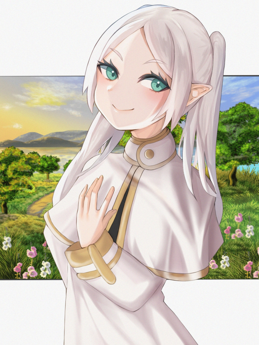 1girl blush capelet commentary_request daigoro227 frieren green_eyes grey_hair highres landscape long_hair long_sleeves looking_at_viewer parted_bangs pointy_ears smile solo sousou_no_frieren twintails white_capelet white_hair