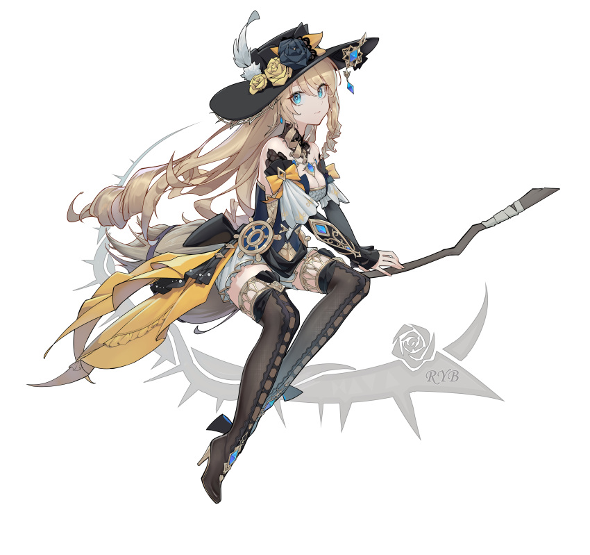 absurdres black_footwear blonde_hair blue_eyes boots broom broom_riding detached_sleeves dress drill_hair drill_sidelocks flower genshin_impact gold_trim_bow hat highres navia_(genshin_impact) rose ryb ship's_wheel_ornament sidelocks simple_background strapless tube_top white_background