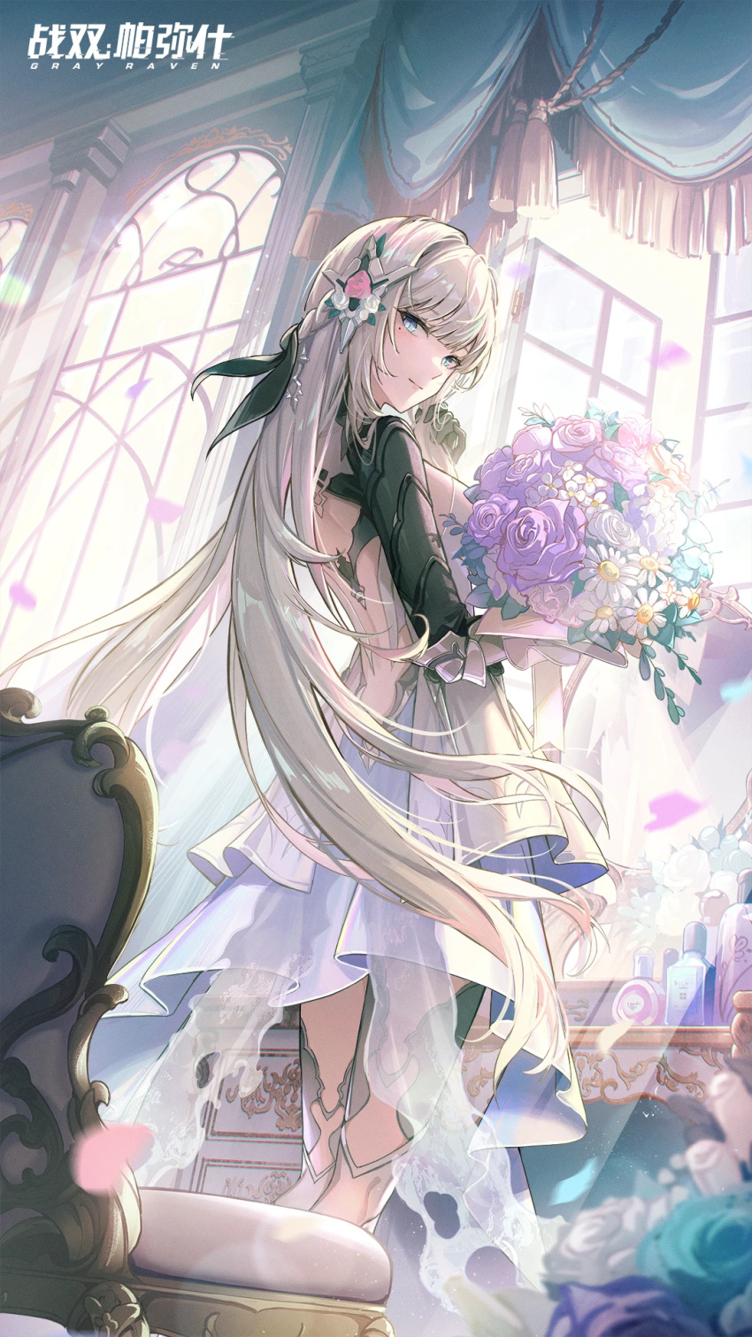 artist_request bare_back bianca_(punishing:_gray_raven) birthday blonde_hair blue_eyes bouquet chair curtains dress flower highres long_hair looking_at_viewer looking_back mechanical_arms mirror mole official_art petals punishing:_gray_raven smile window