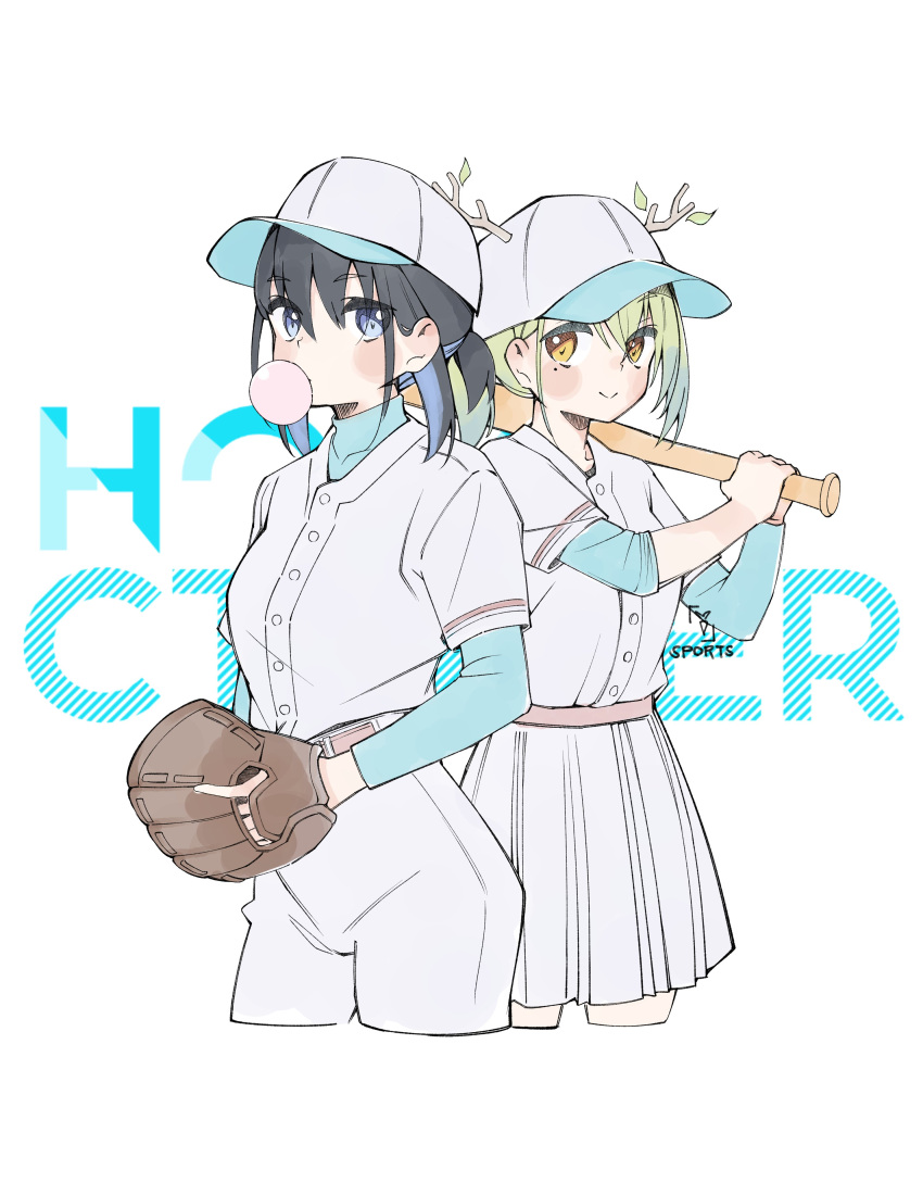 2girls absurdres alternate_costume antlers baseball_bat baseball_cap baseball_mitt baseball_uniform black_hair blue_hair blue_shirt blush braid braided_bangs branch ceres_fauna colored_inner_hair green_hair hat highres holding holding_baseball_bat hololive hololive_english horns looking_at_viewer mole mole_under_eye mpmrpjb multicolored_hair multiple_girls ouro_kronii pants pleated_skirt ponytail shirt short_hair skirt smile sportswear virtual_youtuber white_pants white_skirt