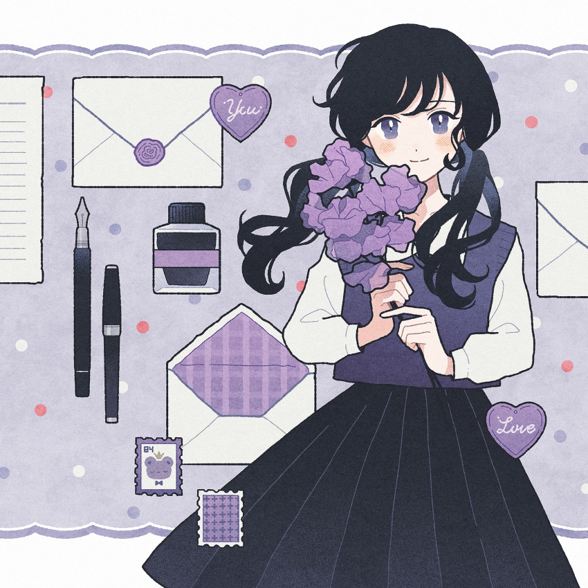 1girl black_hair black_skirt blouse blush closed_mouth commentary_request cowboy_shot crown_(symbol) dot_nose envelope flower heart highres holding holding_flower ink light_smile long_hair long_sleeves looking_at_viewer nahara_saki nib_pen_(object) original paper pen pleated_skirt postage_stamp purple_background purple_flower purple_sweater_vest shirt skirt solo split_mouth standing sweater_vest twintails unfinished violet_eyes wavy_hair wax_seal white_shirt