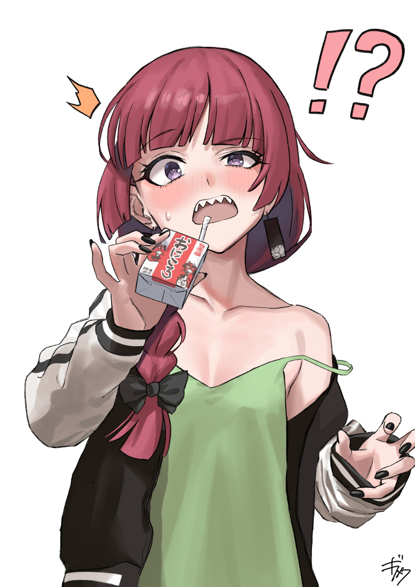 !? 1girl ^^^ absurdres alcohol_carton animal_ears black_nails blush bocchi_the_rock! breasts breasts_apart dress gisuta_sunshine green_dress highres hiroi_kikuri holding_carton jacket long_sleeves looking_at_viewer nose_blush open_clothes open_jacket open_mouth raised_eyebrow redhead sharp_teeth signature simple_background small_breasts solo strap_slip surprised sweatdrop teeth upper_body upper_teeth_only violet_eyes white_background