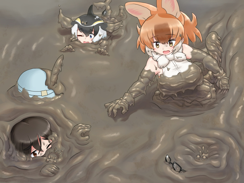 1boy 3girls air_bubble alternate_breast_size asphyxiation bare_shoulders blowhole bubble captain_(kemono_friends) commission common_dolphin_(kemono_friends) dhole_(kemono_friends) dirty dirty_clothes dog_girl dolphin_girl drowning fang glasses hat highres kemono_friends kemono_friends_3 meerkat_(kemono_friends) mo23 mud multiple_girls one_eye_closed orange_hair skeb_commission submerged swimming tail