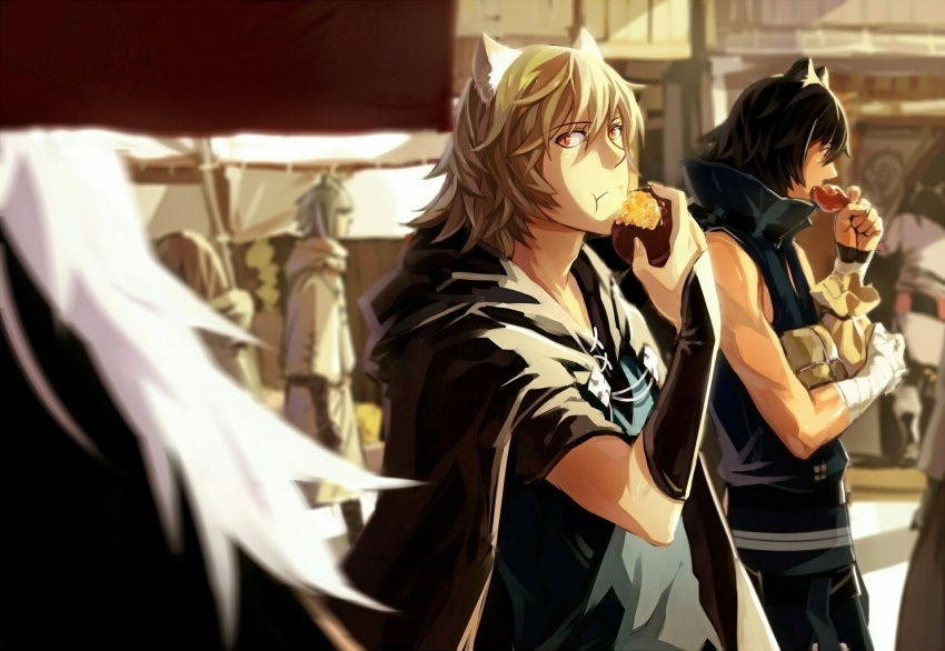 3boys animal_ears asato_(lamento) bandaged_arm bandages black_hair carrying_bag cat_boy cat_ears cloak commentary_request eating food from_side fruit hair_between_eyes high_collar holding holding_food holding_fruit hood hooded_cloak konoe_(lamento) lamento lialli light_brown_hair long_hair looking_at_another male_focus multiple_boys outdoors profile rai_(lamento) short_hair sidelighting standing toned toned_male tunic upper_body walking white_hair