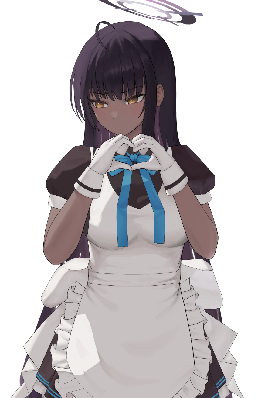 1girl absurdres ahoge apron black_dress black_hair blue_archive blue_bow bow breasts brown_eyes closed_mouth collared_dress commentary_request dark-skinned_female dark_skin dress frilled_apron frilled_dress frills genkoubeya_shig gloves halo hands_up heart heart_hands highres karin_(blue_archive) long_hair looking_to_the_side maid maid_apron medium_breasts multicolored_hair pleated_dress puffy_short_sleeves puffy_sleeves purple_hair short_sleeves simple_background solo two-tone_hair very_long_hair white_apron white_background white_gloves