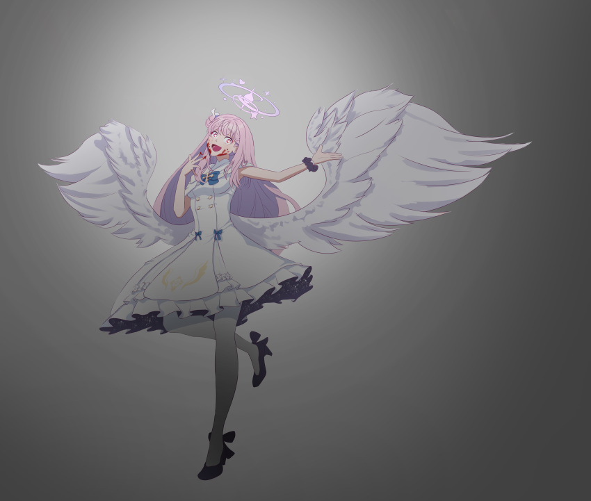 1girl absurdres angel_wings bare_arms black_footwear black_wristband blood blood_on_face blood_on_hands blue_archive capelet crying crying_with_eyes_open dress frilled_skirt frills hair_bun halo highres kerserk long_hair low_wings medium_dress mika_(blue_archive) multicolored_eyes open_mouth pantyhose pink_hair pink_halo scrunchie side_up_bun single_side_bun skirt sleeveless sleeveless_dress solo tears white_capelet white_dress white_pantyhose white_wings wings wrist_scrunchie yandere