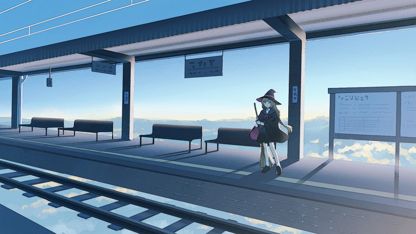 1girl above_clouds ankle_socks bench billboard black_capelet black_footwear black_headwear black_skirt blonde_hair blue_sky broom capelet clouds collared_shirt commentary_request fantasy floating hat highres holding holding_broom long_hair long_sleeves looking_ahead nahara_saki neck_ribbon original outdoors pink_ribbon railroad_tracks ribbon shadow shirt shoes skirt sky socks solo standing train_station train_station_platform waiting white_shirt white_socks wide_shot witch witch_hat
