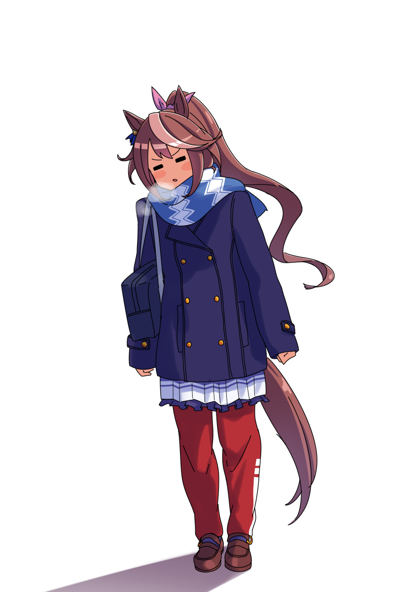 1girl =_= absurdres animal_ears bag blue_bag blue_coat blue_scarf blush_stickers bow brown_footwear brown_hair buttons closed_eyes coat cold commentary_request double-breasted ear_ornament full_body hair_between_eyes hair_bow hair_ornament highres horse_ears horse_girl horse_tail loafers long_hair multicolored_hair pants pink_bow pleated_skirt ponytail purple_thighhighs scarf school_bag senchan_7 shadow shoes shoulder_bag simple_background skirt solo streaked_hair tail thigh-highs tokai_teio_(umamusume) tracen_winter_coat track_pants umamusume v-shaped_eyebrows visible_air white_background white_hair winter_clothes winter_coat