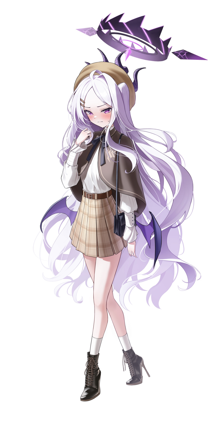 1girl absurdres beret black_horns blue_archive blush brown_headwear closed_mouth demon_horns halo hat highres hina_(blue_archive) horns long_hair multiple_horns simple_background solo tiokun7 very_long_hair violet_eyes white_background white_hair