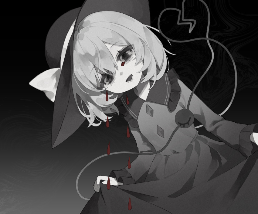 1girl :d blood blood_from_eyes blouse bow broken_heart cowboy_shot frilled_shirt_collar frilled_sleeves frills greyscale hair_between_eyes hat hat_bow head_tilt heart heart_of_string highres komeiji_koishi long_sleeves looking_at_viewer lower_teeth_only medium_hair monochrome open_mouth rcs_4 shirt skirt skirt_hold smile solo spot_color tears teeth third_eye touhou