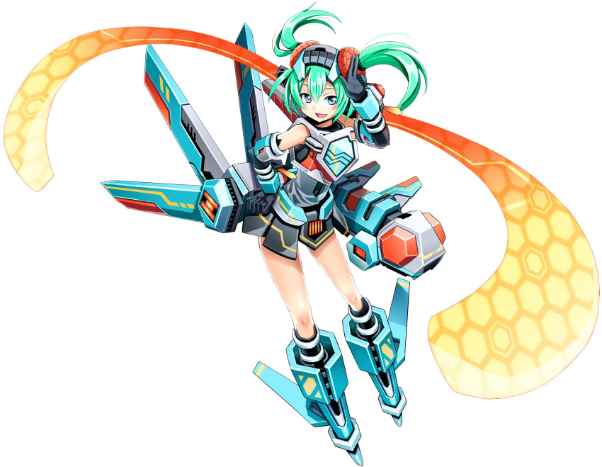 1girl artist_request berzelius_girl cosmic_break green_eyes green_hair hand_on_own_hip highres kneehighs looking_at_viewer mecha_musume miniskirt official_art open_mouth second-party_source sidelocks skirt smile socks solo twintails