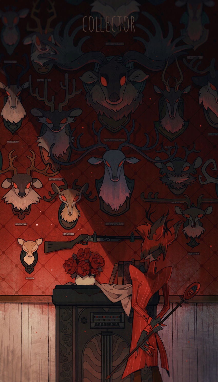 1boy absurdres alastor_(hazbin_hotel) animal_ears animal_head arms_behind_back colored_sclera deer_boy deer_ears demon_boy demon_horns hazbin_hotel highres horns juanmao red_sclera red_suit redhead suit