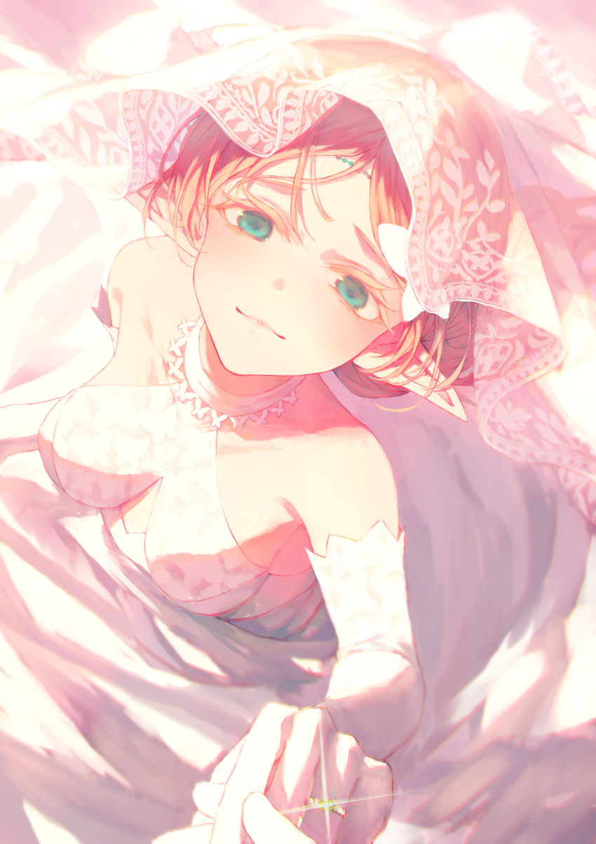 1girl armpits blonde_hair bloom breasts bridal_veil closed_mouth detached_sleeves dress green_eyes highres holding_hands isekai_ojisan jewelry lips looking_at_another out_of_frame pointy_ears ring short_hair sleeveless sleeveless_dress small_breasts solo_focus sparkle sui_(isekai_ojisan) veil wedding_dress white_dress white_sleeves yi_dui_po_shi_de_mou_ren