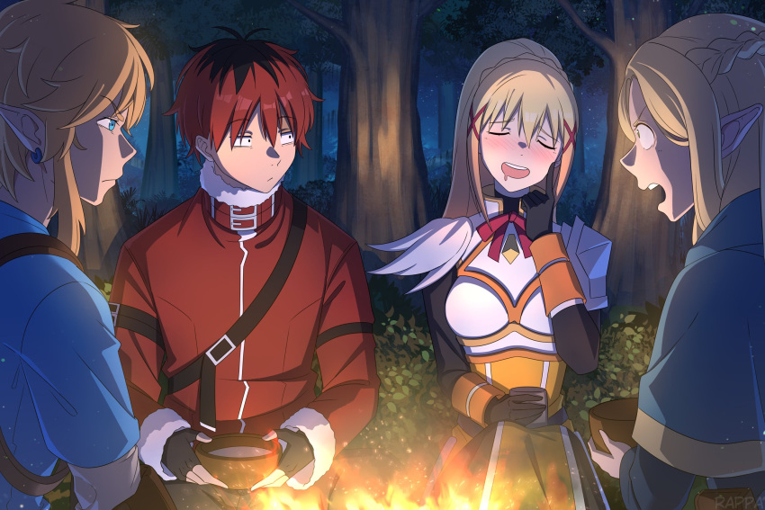 2boys 2girls black_bodysuit black_gloves black_hair blonde_hair blue_capelet blue_tunic blush bodysuit bowl braid campfire capelet champion's_tunic_(zelda) closed_eyes coat crossover darkness_(konosuba) dungeon_meshi earrings elf english_commentary fingerless_gloves forest french_braid gloves hair_ornament highres holding holding_bowl jewelry kono_subarashii_sekai_ni_shukufuku_wo! link long_hair looking_at_another marcille_donato multicolored_hair multiple_boys multiple_girls narrowed_eyes nature night outdoors pointy_ears ponytail rappa red_coat redhead short_hair sitting sousou_no_frieren stark_(sousou_no_frieren) the_legend_of_zelda the_legend_of_zelda:_breath_of_the_wild tree two-tone_hair x_hair_ornament