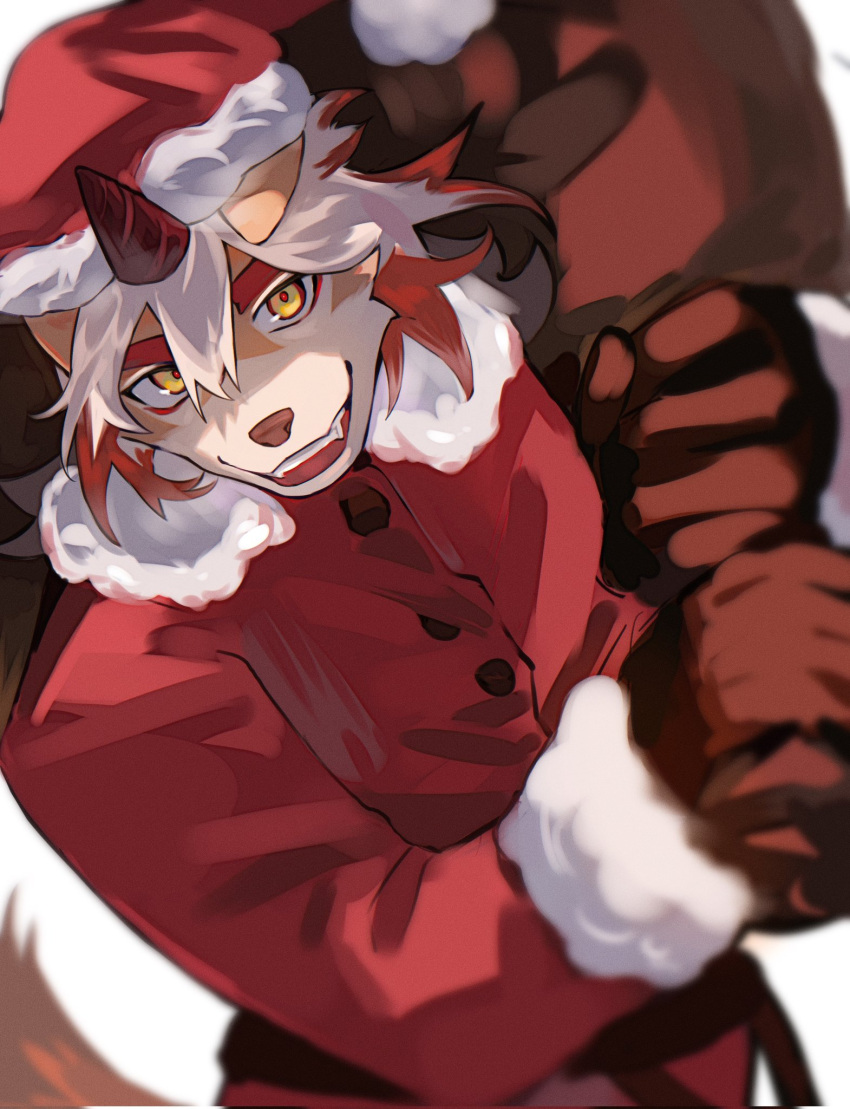 1boy arknights axianorange colored_tips english_commentary engrish_commentary fur-trimmed_headwear fur-trimmed_jacket fur_trim furry furry_male hat highres holding holding_sack horns hung_(arknights) jacket komainu_boy komainu_ears komainu_tail looking_at_viewer male_focus multicolored_hair open_mouth orange_eyes red_jacket sack santa_costume santa_hat single_horn smile white_background