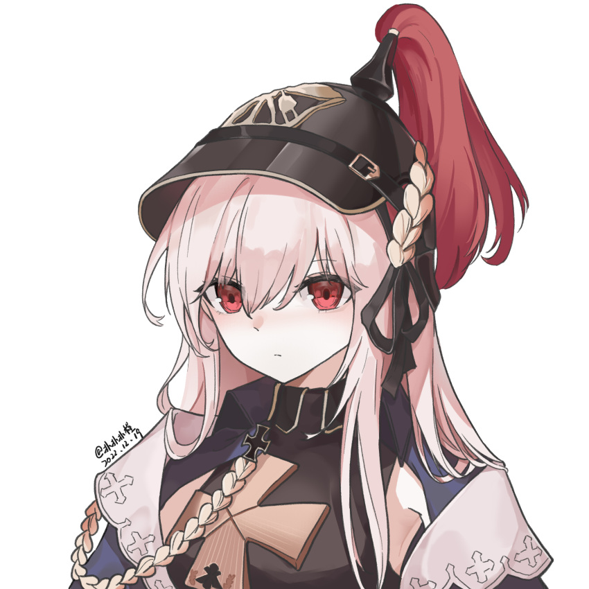 1girl aiguillette black_dress black_ribbon closed_mouth combat_helmet commentary_request cross dated dress girls_frontline hair_between_eyes hair_ribbon helmet highres iron_cross kar98k_(girls'_frontline) kar98k_(mod3)_(girls'_frontline) long_hair looking_at_viewer pickelhaube red_eyes ribbon sakatakin signature simple_background solo upper_body white_background white_hair