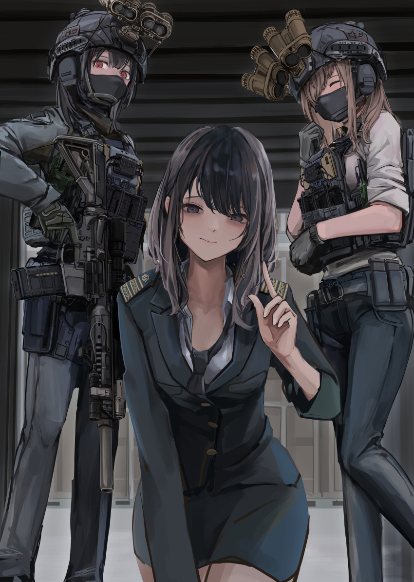 3girls absurdres assault_rifle black_eyes black_hair brown_hair closed_eyes commentary_request gloves gun helmet highres lithographica load_bearing_vest long_hair long_sleeves looking_at_viewer loose_socks military_operator miniskirt multiple_girls night_vision_device original pants pencil_skirt red_eyes rifle skirt sleeves_rolled_up socks swept_bangs uniform weapon