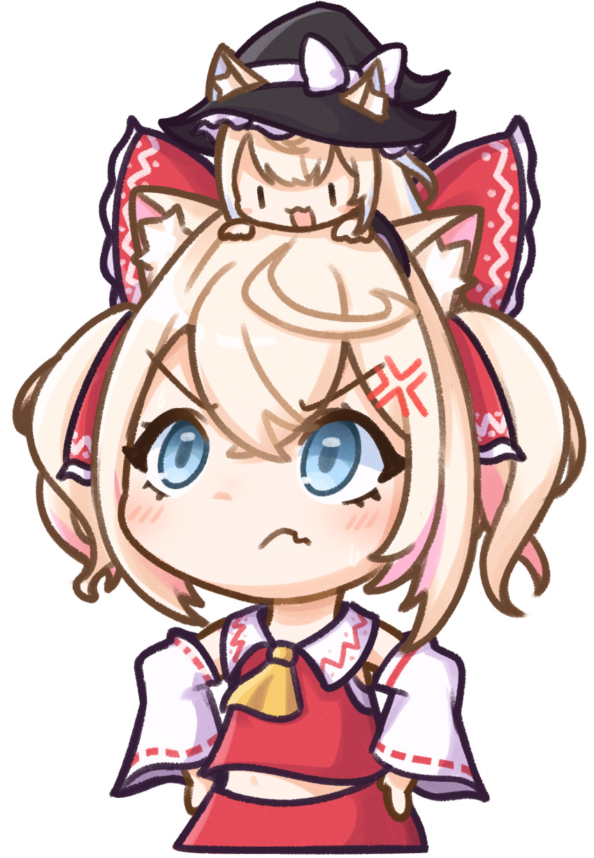 &gt;:( 2girls anger_vein animal_ears ascot blonde_hair blue_eyes bow chibi cosplay crossed_bangs detached_sleeves dog_ears double-parted_bangs fang frown fuwawa_abyssgard hair_between_eyes hair_bow hakurei_reimu_(cosplay) highres hololive hololive_english kirisame_marisa_(cosplay) mococo_abyssgard moon_ldl multicolored_hair multiple_girls nontraditional_miko official_alternate_hairstyle pink_hair red_bow red_shirt red_skirt shirt siblings skin_fang skirt streaked_hair sweatdrop touhou twins twintails upturned_eyes v-shaped_eyebrows virtual_youtuber yellow_ascot
