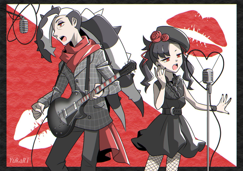 1boy 1girl alternate_costume alternate_eye_color black_border black_dress black_hair black_headwear border brother_and_sister commentary_request dress eyeshadow guitar highres holding holding_guitar holding_instrument holding_plectrum instrument lipstick_mark makeup marnie_(pokemon) microphone_stand music nail_polish open_mouth outside_border piers_(pokemon) plectrum pokemon pokemon_swsh red_eyes red_scarf scarf siblings singing song_request standing white_hair wristband yukari_(yukari21653710)