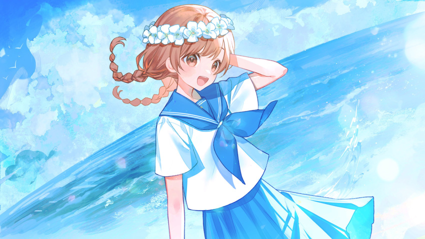 1girl :d absurdres arm_up bird blue_neckerchief blue_sailor_collar blue_skirt blue_sky blurry bokeh brown_eyes brown_hair clouds cloudy_sky commentary_request day depth_of_field dutch_angle floating_hair flower_wreath hand_on_own_head head_wreath highres horizon indie_virtual_youtuber long_bangs low_twintails neckerchief ocean official_art open_mouth outdoors pleated_skirt sailor_collar sayu_(snowman_and_mayu) school_uniform serafuku shirt short_sleeves skirt sky smile solo swept_bangs teeth three_quarter_view twintails upper_teeth_only virtual_youtuber waves white_shirt wind yuu_(vtuber)