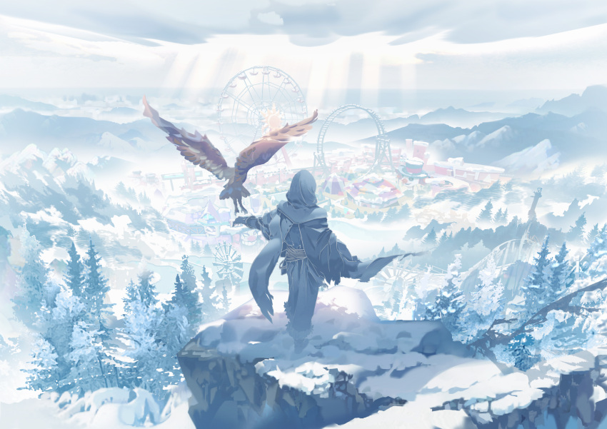 1other absurdres bird boots cape cloak clouds day facing_away ferris_wheel gloves grey_cape grey_cloak grey_pants hawk highres hood hood_up hooded_cloak ice_(805482263) light_rays mountain mountainous_horizon original outdoors outstretched_arm pants pine_tree rock roller_coaster scenery snow solo standing sunlight tent torn_cape torn_clothes tree winter