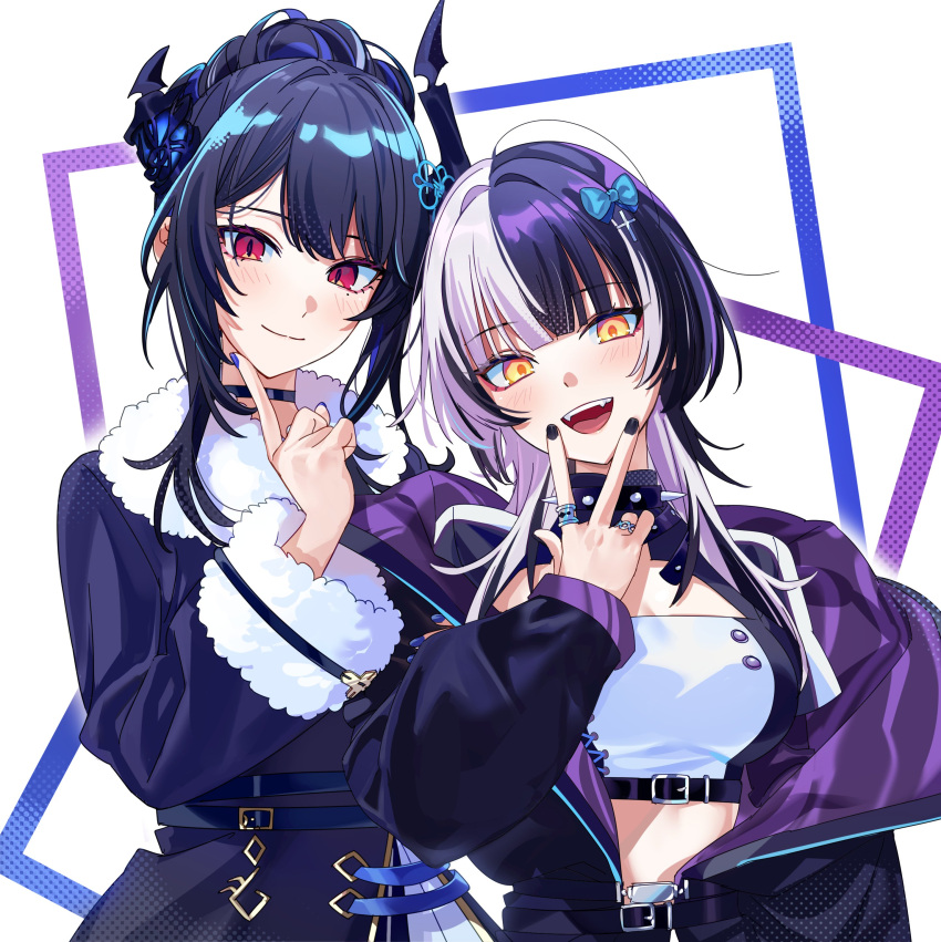 2girls absurdres alternate_costume alternate_hairstyle asymmetrical_horns black_hair blue_hair breasts casual colored_inner_hair demon_horns fur-trimmed_jacket fur-trimmed_sleeves fur_trim hair_ornament hair_up highres hololive hololive_english horns jacket long_hair looking_at_viewer mole mole_under_eye multicolored_hair multiple_girls nerissa_ravencroft red_eyes shiori_novella smile tank_top two-tone_hair uneven_horns virtual_youtuber yomosaka