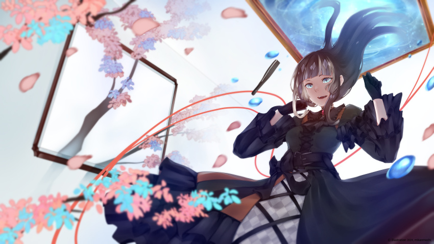 1girl absurdres black_gloves black_hair blue_eyes choker dress gloves green_dress grey_hair highres hololive hololive_dev_is juufuutei_raden lace lace_choker long_hair mikanmoch1 multicolored_hair petals picture_frame two-tone_hair virtual_youtuber water