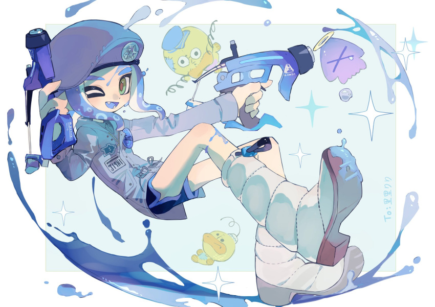 1girl ;d badge beret black_shorts blue_background blue_hair blue_tongue blush boots border brown_pupils button_badge collared_shirt colored_tongue commentary_request dapple_dualies_(splatoon) dual_wielding fangs gift_art green_eyes grey_shirt gun halo hand_up hat highres holding holding_gun holding_weapon inkling inkling_girl jacket knee_boots long_sleeves looking_at_viewer medal one_eye_closed open_mouth outside_border p-pepper paint paint_splatter paint_splatter_on_face purple_headwear purple_jacket shirt short_hair short_shorts shorts sidelocks simple_background smile solo sparkle splatoon_(series) stuffed_animal stuffed_bird stuffed_toy tentacle_hair thick_eyebrows violet_eyes weapon white_border white_footwear zipper zipper_pull_tab