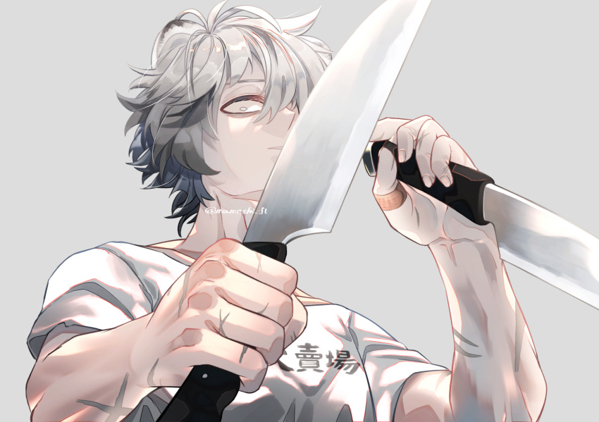 1boy animal_ears arknights bags_under_eyes bear_boy bear_ears clothes_writing dual_wielding fingernails grey_hair highres holding holding_knife jaye_(arknights) jaye_(elite_ii)_(arknights) knife macha@meshi male_focus parted_lips scar scar_on_arm scar_on_hand shirt short_hair solo t-shirt translation_request twitter_username unusually_open_eyes upper_body white_eyes white_shirt