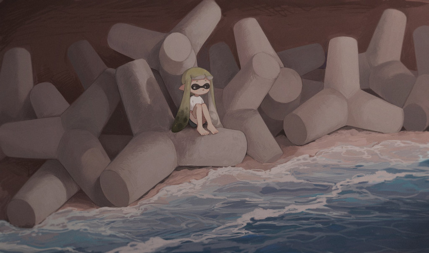 1girl barefoot black_eyes black_shorts blonde_hair commentary day half-closed_eyes highres hugging_own_legs inkling inkling_girl knees_up liang_cun_rakuna looking_to_the_side no_mouth outdoors pointy_ears shirt shore short_eyebrows short_hair_with_long_locks short_shorts short_sleeves shorts sitting sitting_on_object solo splatoon_(series) symbol-only_commentary t-shirt tentacle_hair tetrapod waves white_shirt wide_shot