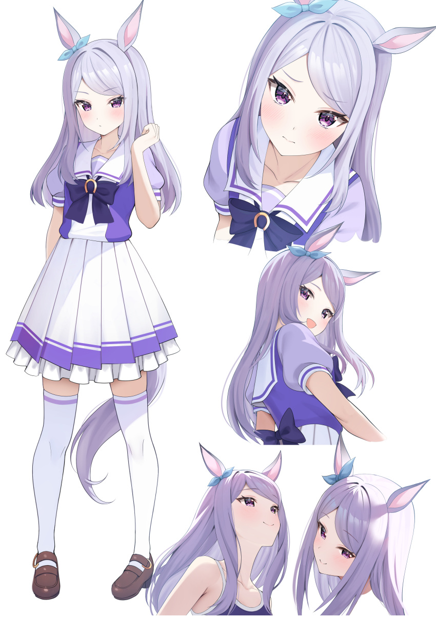 1girl absurdres animal_ears aqua_bow bare_shoulders bow brown_footwear closed_mouth commentary_request ear_bow full_body highres horse_ears horse_girl horse_tail loafers long_hair mejiro_mcqueen_(umamusume) multiple_views open_mouth petticoat puffy_short_sleeves puffy_sleeves purple_bow purple_hair purple_shirt rei_(ilust9999) school_uniform shirt shoes short_sleeves simple_background skirt smile summer_uniform tail thigh-highs tracen_school_uniform tracen_swimsuit umamusume violet_eyes white_background white_thighhighs