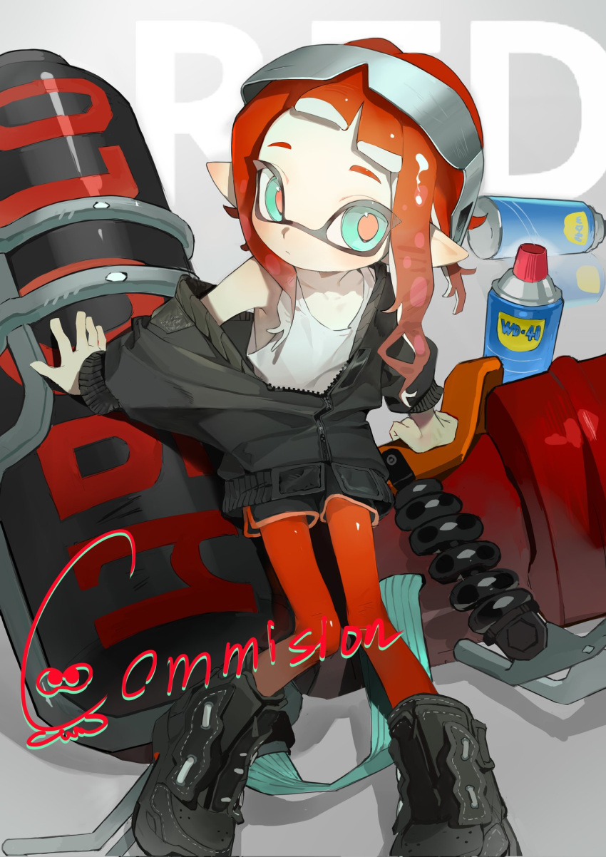 1girl arm_support black_footwear black_jacket black_shorts blush boots closed_mouth commentary commission corrupted_twitter_file english_commentary expressionless eyewear_on_head forehead green_eyes grey_background gun highres hydra_splatling_(splatoon) inkling inkling_girl jacket long_sleeves looking_at_viewer medium_hair off_shoulder p-pepper pantyhose pantyhose_under_shorts partially_unzipped pointy_ears red_pantyhose red_pupils redhead short_eyebrows short_shorts shorts sidelocks simple_background sitting solo splatoon_(series) tank_top tentacle_hair wd-40 weapon white_tank_top zipper